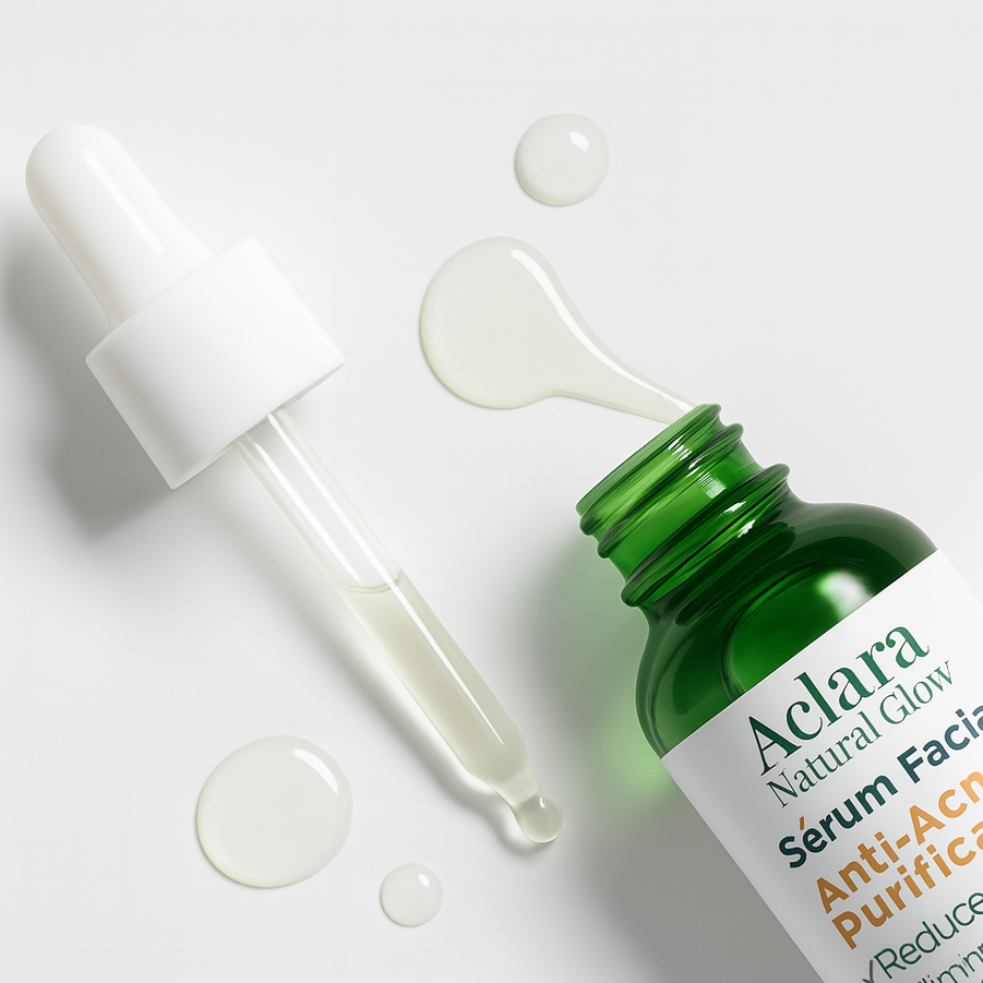 Aclara facial serum bottle with dropper on a white background