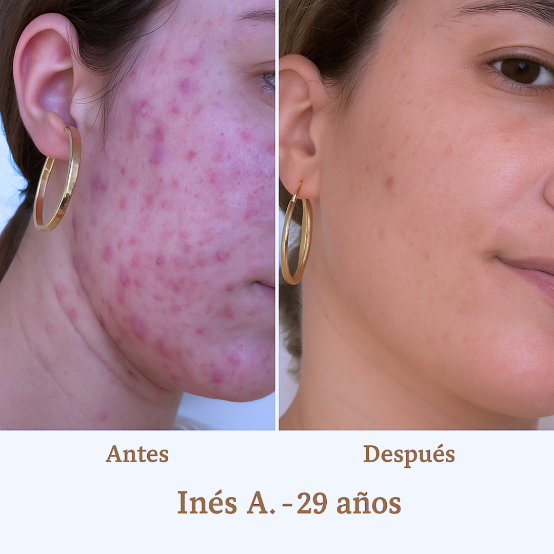Before and after comparison of a woman's face with acne treatment, showing a clear improvement.